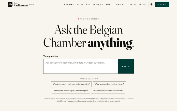 Ask the Chamber page: a field to ask a question, with examples.